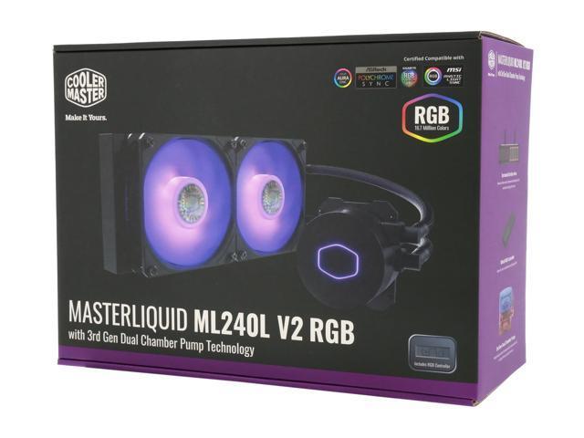 CoolerMaster MasterLiquid ML240L RGB V2, Close-Loop AIO CPU Liquid Cooler, 240 Radiator, Dual SickleFlow 120mm, RGB Lighting, 3rd Gen Dual Chamber Pump for AMD Ryzen/Intel LGA1200/1151