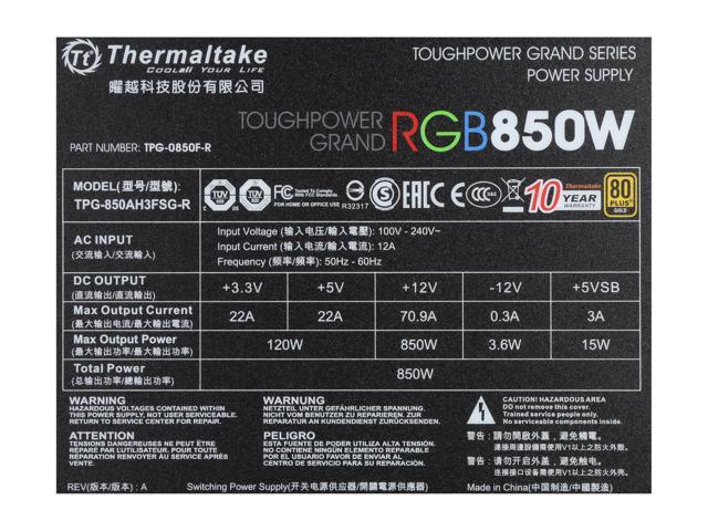Thermaltake Toughpower Grand RGB 850W Smart Zero Fan SLI/CrossFire Ready Continuous Power ATX12V v2.4 / EPS v2.92 80 PLUS GOLD Certified Full Modular Power Supply PS-TPG-0850FPCGUS-R