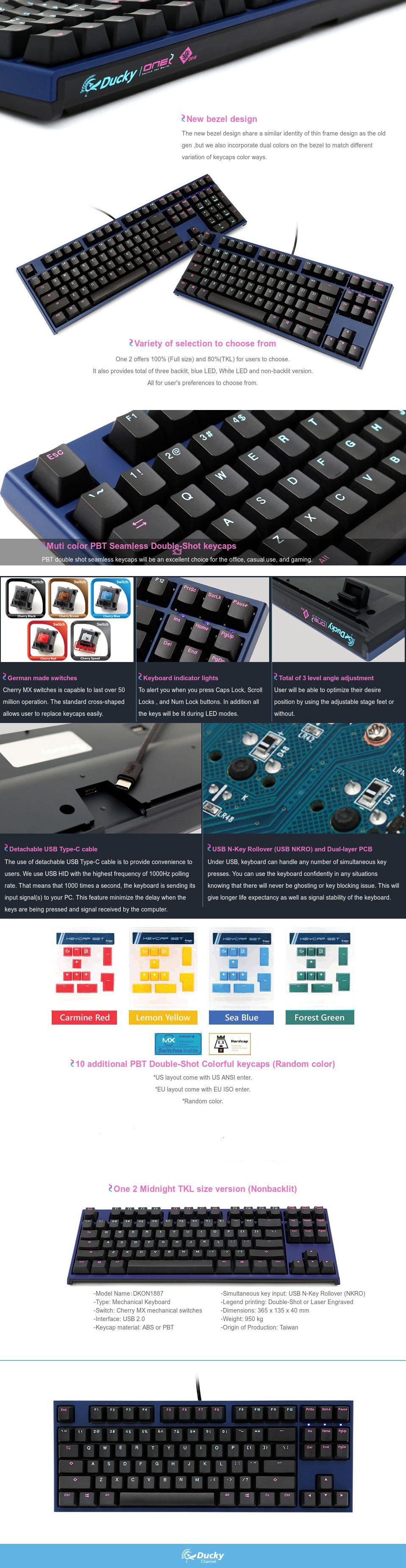 Ducky One 2 Midnight TKL Mechanical Keyboard with Cherry MX Blue Key Switches