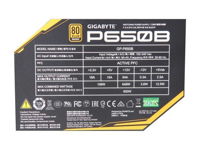 Gigabyte P650B GP-P650B 650W Intel Form Factor ATX 12V v2.31 80 PLUS BRONZE Certified Non-Modular Active PFC (>0.9 typical) PFC Power Supply
