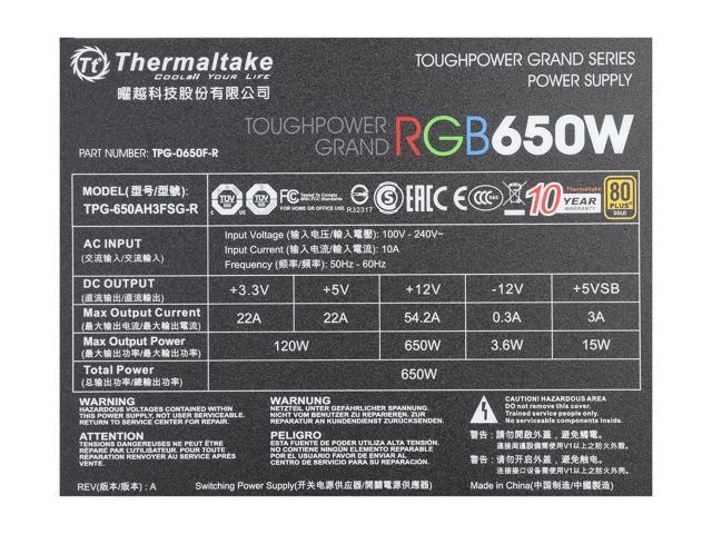 Thermaltake Toughpower Grand RGB 650W Smart Zero Fan SLI/CrossFire Ready Continuous Power ATX12V v2.4 / EPS v2.92 80 PLUS GOLD Certified Full Modular Power Supply PS-TPG-0650FPCGUS-R