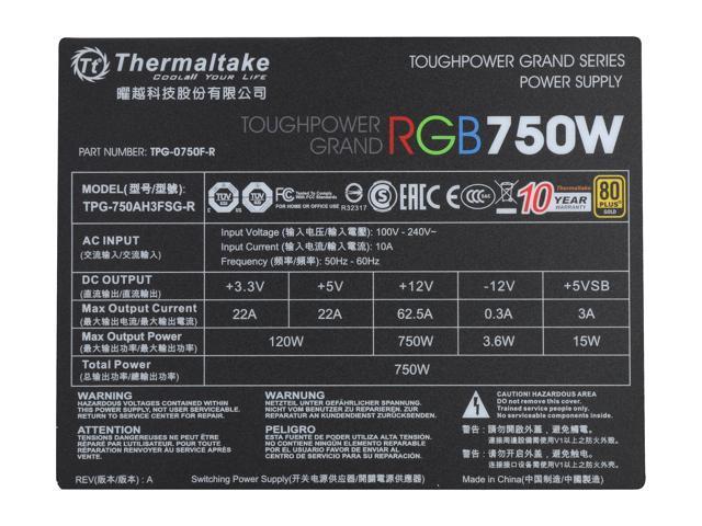 Thermaltake Toughpower Grand RGB 750W Smart Zero Fan SLI/CrossFire Ready Continuous Power ATX12V v2.4 / EPS v2.92 80 PLUS GOLD Certified Full Modular Power Supply PS-TPG-0750FPCGUS-R